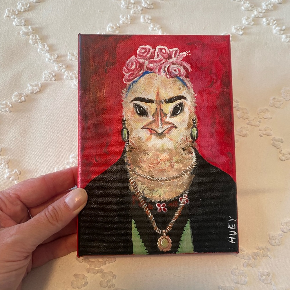 Hand painted canvas art Frida Kahlo chicken